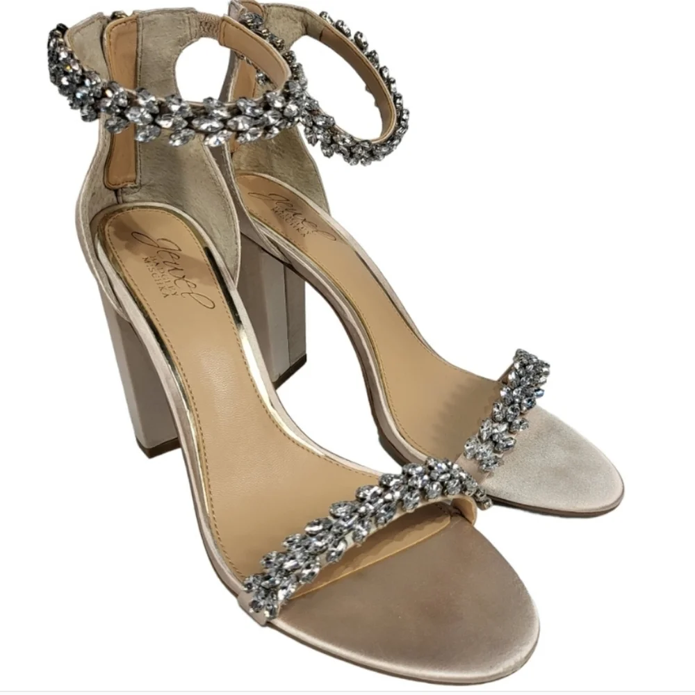 Jewel Badgley Mischka Mayra Sandal Size 7 Champagne Satin Rhinestone Bridal Prom - Picture 6 of 7